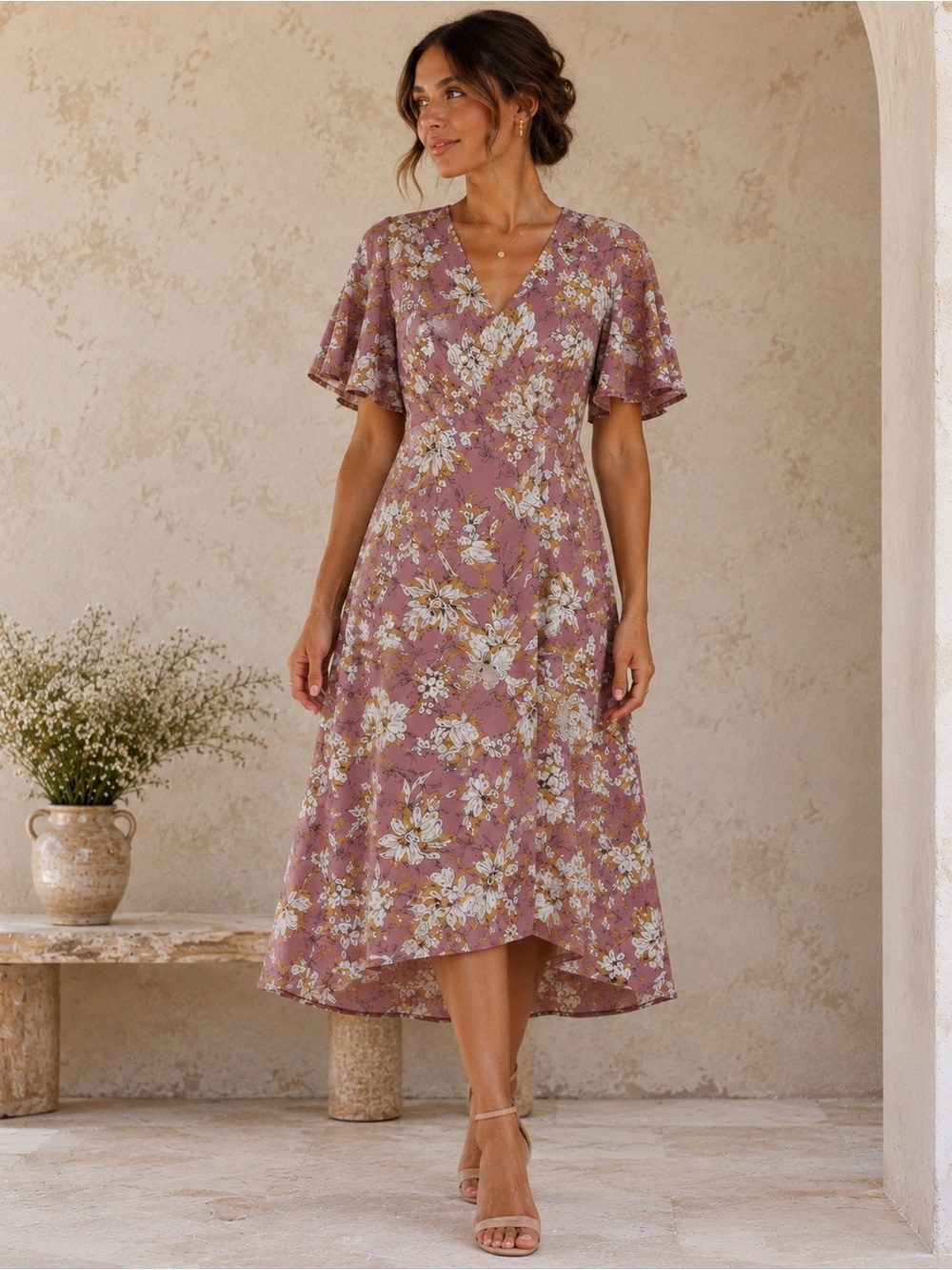ASTR the Label | Ruched Front Floral Print High-Low Midi Dress – Size S
